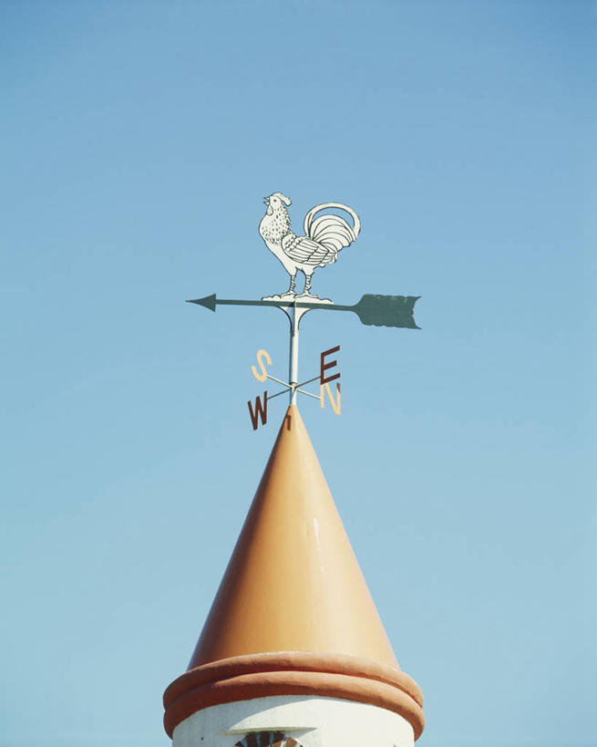 无人,家,竖图,室外,白天,仰视,鸡,风向标,风向袋,阴影,光线,影子,房屋,屋顶,屋子,顶棚,方向,楼房,家禽,箭头,住宅,一只,蓝色,蓝天,天空,阳光,动物,天,牲畜,晴朗,指向,万里无云,簇,风标,晴空,晴空万里,彩图,低角度拍摄,房子