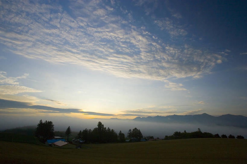 无人,农场,横图,室外,白天,正面,旅游,度假,畜牧业,牧场,草地,草坪,美景,山,山脉,树林,植物,雾,北海道,日本,亚洲,阴影,朦胧,模糊,光线,影子,景观,山峰,云,云朵,山峦,背光,云彩,娱乐,草,树,树木,蓝色,绿色,白云,蓝天,天空,阳光,自然,群山,天,享受,休闲,景色,放松,生长,晴朗,成长,迷雾,自然风光,逆光,东亚,畜牧,日本国,北海道地方,北海道岛,牧业,上富良野町,上富良野,大雾,晴空,彩图