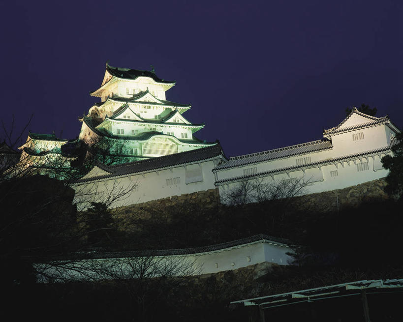 无人,横图,室外,夜晚,仰视,旅游,度假,名胜古迹,标志建筑,地标,建筑,日本,亚洲,阴影,遗迹,光线,影子,堡垒,城堡,墙,屋顶,灯光,顶棚,古迹,文物,娱乐,建设,古建筑,墙壁,墙面,享受,休闲,旅游胜地,放松,要塞,古文明,东亚,本州,世界文化遗产,本州岛,日本国,近畿地方,近畿,兵库,兵库县,姬路,姬路市,设防,彩图,低角度拍摄