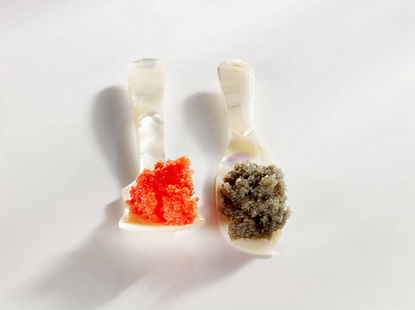 无人,横图,俯视,室内,特写,白天,白色背景,桌面,桌子,阴影,反射,木制,影子,勺子,鱼卵,鱼籽,红色,木制品,调羹,汤匙,摄影,影棚,彩图,高角度拍摄,影棚拍摄,拍摄