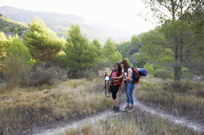 西方人,两个人,伙伴,朋友,站,笑,微笑,露齿笑,横图,室外,白天,正面,友谊,树林,植物,道路,地图,欧洲,欧洲人,握,指,阴影,服装,裤子,光线,信息,包,工具,器材,影子,交通,拿,旅行包,拿着,注视,牛仔裤,休闲装,方向,树,树木,衣服,绿色,天空,阳光,自然,背包,天,观察,看,手势,站着,休闲,休闲服,器械,握着,服饰,生长,成长,拐杖,观看,引导,指引,察看,指向,食指,关注,露营,睡袋,野营,宿营,登山杖,快捷,辅助设备,方便,旅游包,登山棍,友情,年轻女性,女人,女性,白种人,登山,爬山,站立,彩图,全身,导航,双肩包