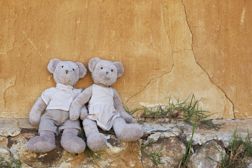 无人,横图,室外,特写,白天,正面,游戏,植物,熊,玩具,玩偶,墙,泰迪熊,玩,娱乐,墙壁,墙面,草,两个,绿色,玩具熊,休闲,益智,毛绒玩具,安慰,发泄,消遣,宣泄,罗斯福熊,玩耍,嬉戏,彩图