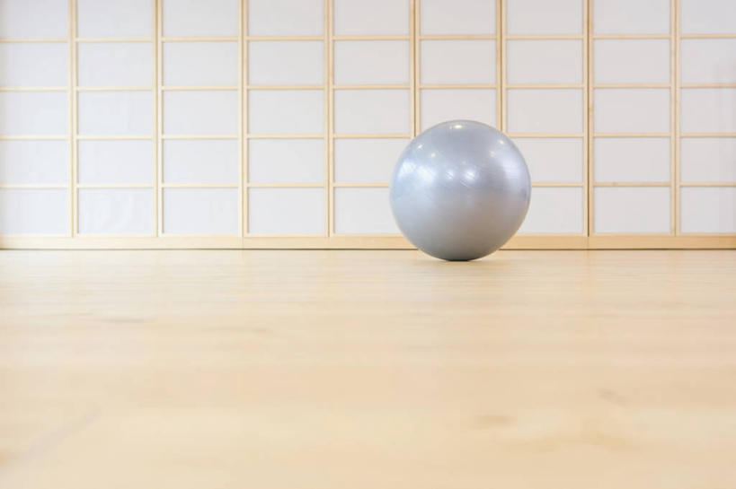 无人,健身房,横图,室内,白天,正面,地板,门,静物,拉门,银色,地面,移门,木地板,一个,健身球,单个,瑜伽球,障子,纸门,拉窗,纸拉窗,纸拉门,彩图,健身馆