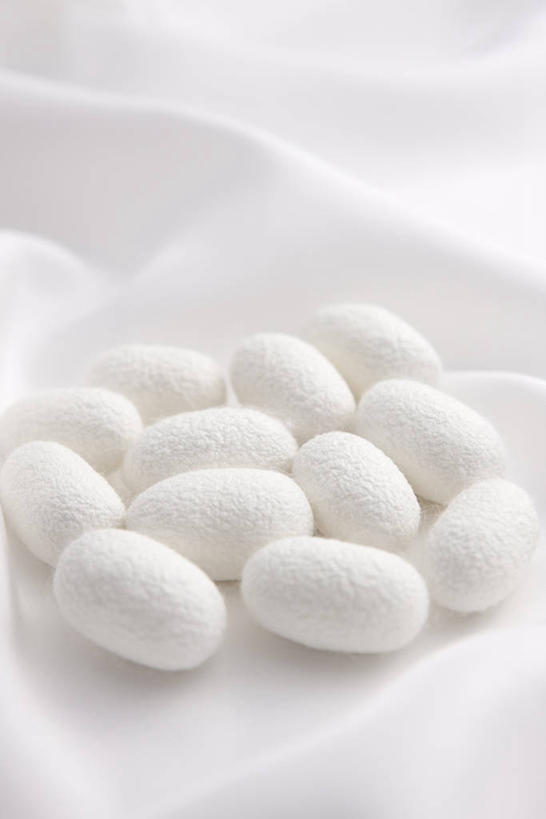 无人,竖图,俯视,室内,特写,白天,白色背景,静物,纺织品,阴影,反射,布,丝绸,影子,绸缎,织物,白色,摄影,影棚,布匹,卫生,纯真,洁净,光明,恬静,中间色,朴素,清白,蚕茧,家蚕茧,桑蚕茧,彩图,高角度拍摄,影棚拍摄,拍摄