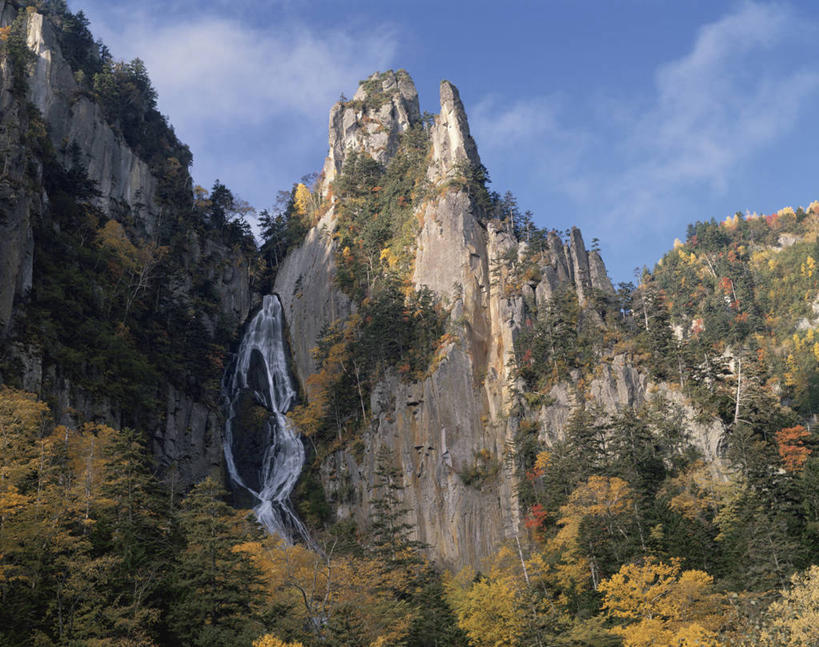 无人,公园,横图,室外,白天,仰视,旅游,度假,石头,美景,瀑布,秋季,山,山脉,水,北海道,日本,亚洲,阴影,飞溅,溅,光线,石子,液体,影子,景观,山峰,水滴,云,云朵,山峦,云彩,娱乐,水珠,蓝色,白云,蓝天,天空,阳光,自然,群山,天,享受,休闲,景色,放松,晴朗,喷洒,自然风光,东亚,日本国,北海道地方,北海道岛,国立公园,层云峡,跌水,石块,岩石,晴空,秋,秋天,彩图,低角度拍摄,大雪山国立公园