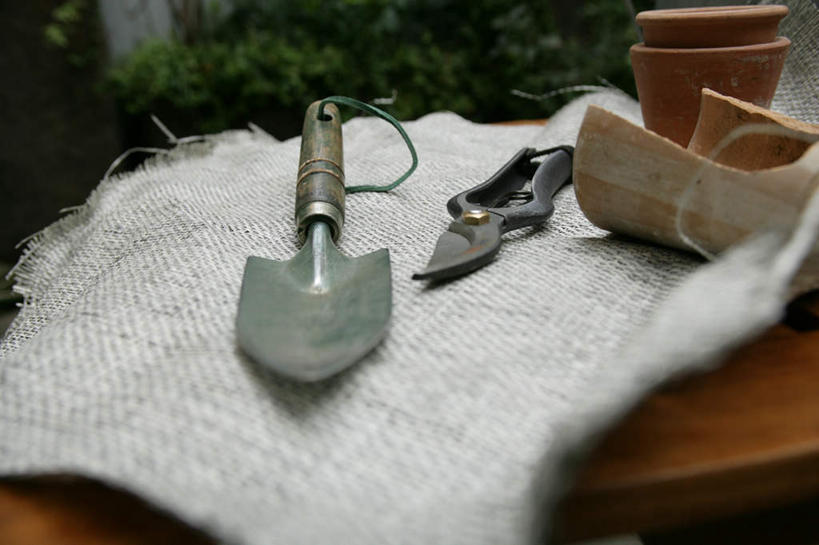 无人,横图,俯视,室外,特写,白天,植物,桌面,桌子,花盆,金属制品,修剪,阴影,朦胧,模糊,反射,金属,木制,铲子,工具,剪刀,影子,园艺工具,陶瓷,园艺,陶瓷制品,绿色,自然,木制品,容器,生长,成长,储藏,裁剪,挖掘,剪子,剪裁,切割,储存,农具,篱笆剪,整篱剪,开掘,发掘,开垦,彩图,高角度拍摄,贮存