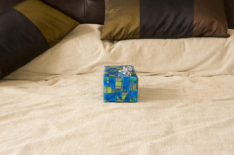 无人,横图,室内,白天,正面,床,靠垫,卧室,酒店,礼盒,礼物,纸盒,双人床,床单,靠枕,被子,盒子,一个,包装盒,礼品盒,抱枕,枕头,礼品,单个,被单,彩图,睡房,卧房,旅店