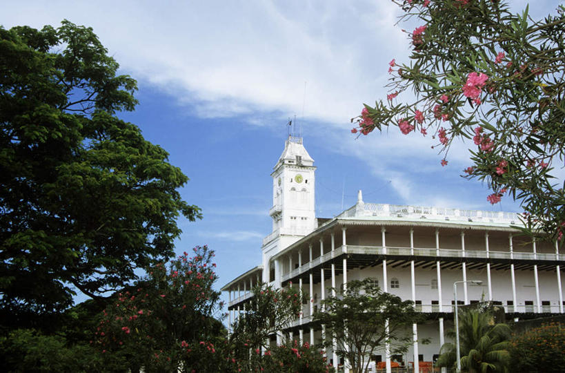 无人,宫殿,横图,室外,白天,仰视,旅游,度假,名胜古迹,植物,标志建筑,地标,建筑,非洲,坦桑尼亚,阴影,遗迹,盛开,时间,光线,时钟,影子,堡垒,城堡,云,云朵,钟楼,计时,花蕾,云彩,古迹,文物,娱乐,建设,古建筑,花,花瓣,花朵,鲜花,树,树木,蓝色,绿色,白云,蓝天,天空,阳光,自然,钟表,天,花苞,花蕊,享受,休闲,表,旅游胜地,放松,生长,晴朗,成长,要塞,古文明,塔钟,东非,桑给巴尔,坦桑尼亚联合共和国,占吉巴,设防,钟,晴空,彩图,低角度拍摄