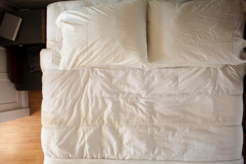 无人,横图,俯视,室内,白天,床,地板,靠垫,卧室,双人床,床单,靠枕,地面,干净,被子,木地板,抱枕,枕头,清洁,被单,洁净,彩图,高角度拍摄,睡房,卧房