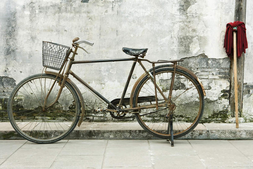 无人,横图,室外,特写,白天,正面,道路,路,公路,自行车,一辆,交通,拖把,车,脚踏车,交通工具,清洁工具,马路,彩图