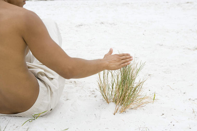 西方人,脸,头,脸颊,手,手掌,腿部,腿,一个人,坐,摸,横图,俯视,室外,白天,草地,草坪,沙滩,植物,欧洲,欧洲人,仅一个男性,仅一个人,仅一个中年男性,抚摸,裤子,沙子,海岸,沙地,长裤,草,绿色,白色,男人,男性,中年男性,白种人,头部,手臂,脸部,脸蛋,面部,海滩,触摸,接触,坐着,半身,彩图,高角度拍摄