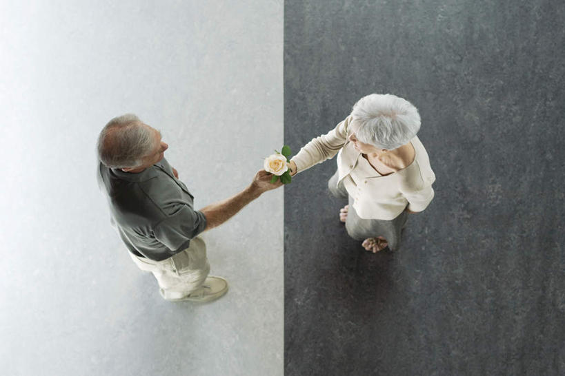 西方人,两个人,横图,俯视,室内,白天,地板,玫瑰,欧洲,欧洲人,传递,玫瑰花,地面,木地板,相视,白色,牵手,面对面,对视,相对,相看,老年男性,老年女性,男人,男性,女人,女性,白种人,彩图,高角度拍摄,全身