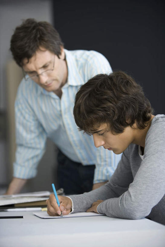 西方人,两个人,教师,站,坐,竖图,室内,白天,侧面,桌子,欧洲,欧洲人,握,写,服装,笔,眼镜,注视,休闲装,书桌,衣服,课桌,观察,记录,看,站着,休闲,休闲服,握着,服饰,观看,指导,察看,关注,近视眼镜,辅导,男人,男性,年轻男性,中年男性,白种人,讲师,教授,老师,站立,坐着,半身,彩图