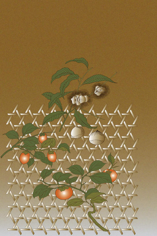 无人,竖图,插画,室内,白天,正面,数码,科技,植物,柿子,阴影,网络,篱笆,栗子,柿子树,高光,几何,计算机图形,合成,画,树,树木,绿色,自然,橙色,生长,成长,电脑合成图,数码合成图,彩图