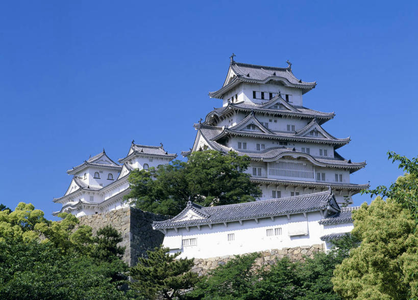 无人,横图,室外,白天,仰视,旅游,度假,名胜古迹,植物,标志建筑,地标,建筑,日本,亚洲,阴影,遗迹,光线,影子,堡垒,城堡,古迹,文物,娱乐,建设,古建筑,树,树木,蓝色,绿色,蓝天,天空,阳光,自然,天,享受,休闲,旅游胜地,放松,生长,晴朗,成长,要塞,古文明,东亚,本州,世界文化遗产,万里无云,本州岛,日本国,近畿地方,姬路城,近畿,兵库,兵库县,白鹭城,姬路,姬路市,设防,晴空,晴空万里,彩图,低角度拍摄