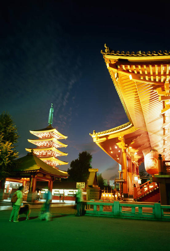 无人,寺庙,栏杆,竖图,室外,夜晚,仰视,旅游,度假,草地,草坪,植物,标志建筑,地标,建筑,夜景,东京,日本,亚洲,阴影,光线,影子,围栏,塔,灯光,娱乐,建设,宝塔,护栏,草,绿色,庙宇,享受,休闲,浅草寺,旅游胜地,放松,东亚,本州,关东地方,本州岛,日本国,东京都,浅草雷门观音寺,浅草观音寺,金龙山浅草寺,浮图,浮屠,彩图,低角度拍摄,庙,寺