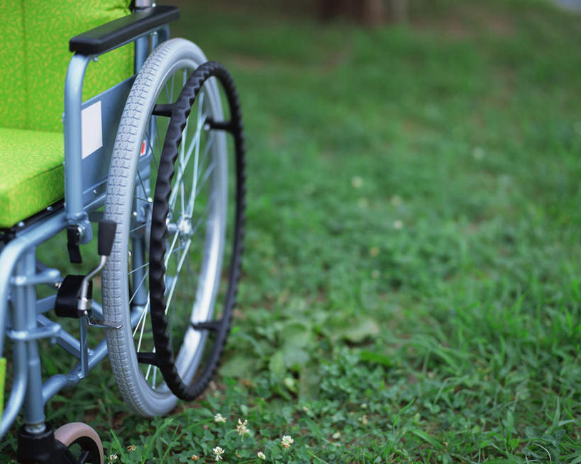 无人,横图,室外,白天,正面,草地,草坪,植物,静物,一辆,工具,草,绿色,轮椅,复健,康复,器械,医疗设备,医疗器械,医疗工具,辅助设备,彩图