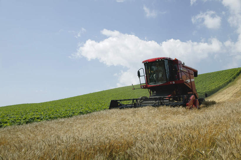 无人,农田,横图,室外,白天,正面,旅游,度假,庄稼,草地,草坪,美景,植物,阴影,光线,影子,景观,云,云朵,云彩,娱乐,车,草,蓝色,绿色,白云,蓝天,天空,阳光,自然,交通工具,天,享受,休闲,景色,放松,自然风光,收割机,联合收割机,彩图,耕地,庄稼田