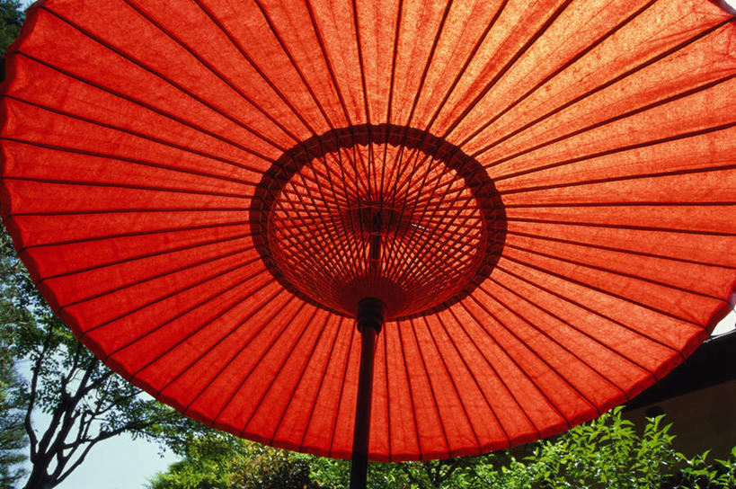 无人,横图,室外,白天,仰视,幸福,树林,植物,日本,亚洲,一把,阴影,光线,伞,影子,雨伞,纸伞,房屋,古典,油纸伞,文化,树,树木,红色,绿色,阳光,自然,生长,成长,纪念,吉祥,古朴,东亚,日本国,平安,彩图,低角度拍摄