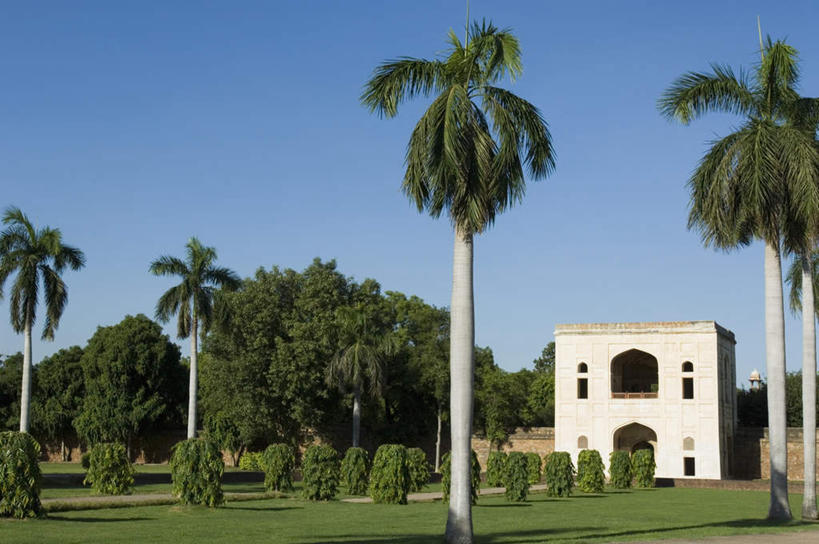 无人,横图,室外,白天,正面,旅游,度假,名胜古迹,植物,标志建筑,地标,建筑,棕榈树,叶子,印度,亚洲,阴影,遗迹,光线,影子,绿叶,首都,古迹,文物,娱乐,建设,古建筑,树,树木,蓝色,绿色,蓝天,天空,阳光,自然,天,享受,休闲,墓地,嫩叶,旅游胜地,放松,生长,晴朗,成长,皇帝,权威,坟墓,陵墓,高贵,南亚,坟场,古文明,棕榈叶,万里无云,新德里,印度共和国,权力,统治,权势,天子,九五之尊,圣上,统治者,陛下,官家,势力,胡马雍,胡马雍陵,叶,叶片,晴空,晴空万里,彩图