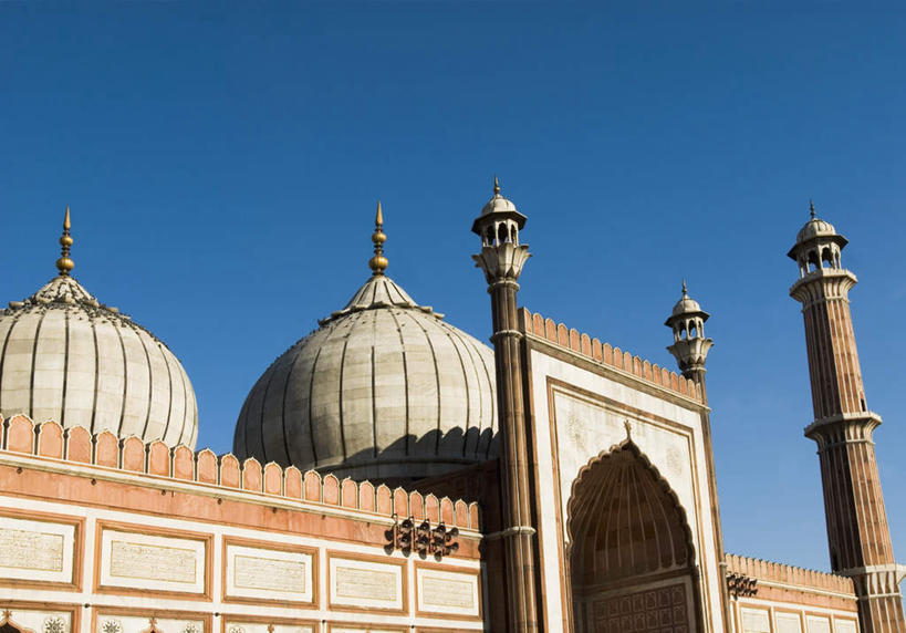 无人,横图,室外,白天,仰视,旅游,度假,名胜古迹,门,标志建筑,地标,建筑,印度,亚洲,阴影,节日,遗迹,光线,影子,墙,拱门,古迹,文化,文物,娱乐,建设,古建筑,墙壁,墙面,蓝色,蓝天,天空,阳光,门框,天,祈祷,享受,休闲,健康,旅游胜地,放松,许愿,宗教,信仰,晴朗,纪念,祈求,伊斯兰教,清真寺,南亚,古文明,万里无云,印度共和国,贾玛清真寺,贾玛寺,旧德里,平安,晴空,晴空万里,彩图,低角度拍摄