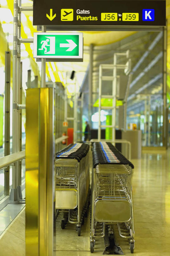 无人,机场,竖图,室内,白天,正面,度假,美景,城市风光,城市,飞机场,西班牙,欧洲,一排,整齐,英文,标志,文字,字符,字母,景观,首都,方向,娱乐,标识,箭头,车,排列,手推车,交通工具,享受,休闲,马德里,景色,放松,行李车,英文字母,指向,队列,南欧,载具,西班牙王国,簇,马德里自治区,航空站,空港,彩图,机场行李车