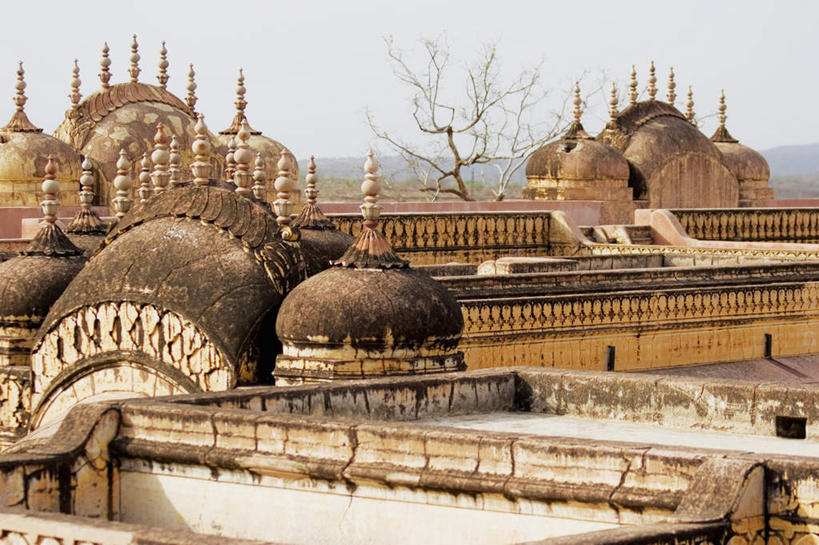 无人,横图,室外,白天,正面,旅游,度假,名胜古迹,植物,标志建筑,地标,建筑,印度,亚洲,阴影,遗迹,光线,影子,堡垒,城堡,建筑群,枝条,古迹,文物,娱乐,建设,古建筑,树,树木,树枝,蓝色,蓝天,天空,阳光,天,享受,休闲,旅游胜地,放松,晴朗,要塞,南亚,古文明,万里无云,首府,拉贾斯坦邦,拉贾斯坦,印度共和国,老虎堡,红粉之城,斋普尔,虬枝,枝杈,设防,晴空,晴空万里,彩图,胜利之城