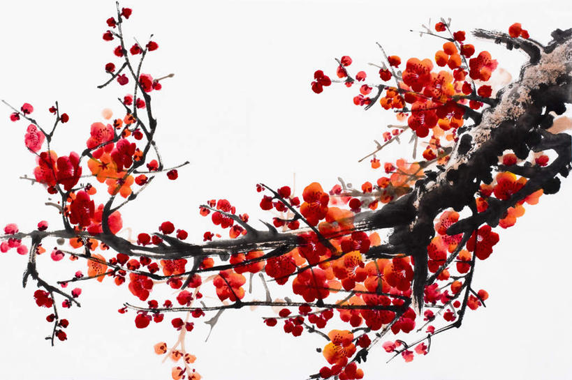 无人,横图,室内,白天,白色背景,正面,绘画,植物,艺术,盛开,梅花,枝条,古典,花蕾,文化,花,花瓣,花朵,鲜花,树,树木,树枝,红色,工艺品,花苞,花蕊,品味,美术,高雅,坚强,国画,水墨画,美学,水墨,虬枝,枝杈,梅,彩图