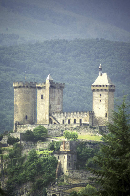 无人,竖图,室外,白天,正面,旅游,度假,名胜古迹,森林,山,山脉,树林,植物,标志建筑,地标,建筑,法国,欧洲,阴影,遗迹,光线,影子,堡垒,城堡,山峰,山峦,古迹,文物,娱乐,建设,古建筑,树,树木,绿色,阳光,自然,群山,享受,休闲,旅游胜地,放松,生长,成长,要塞,古文明,法兰西共和国,法兰西第五共和国,南部.比利牛斯,设防,南部.比利牛斯大区,彩图