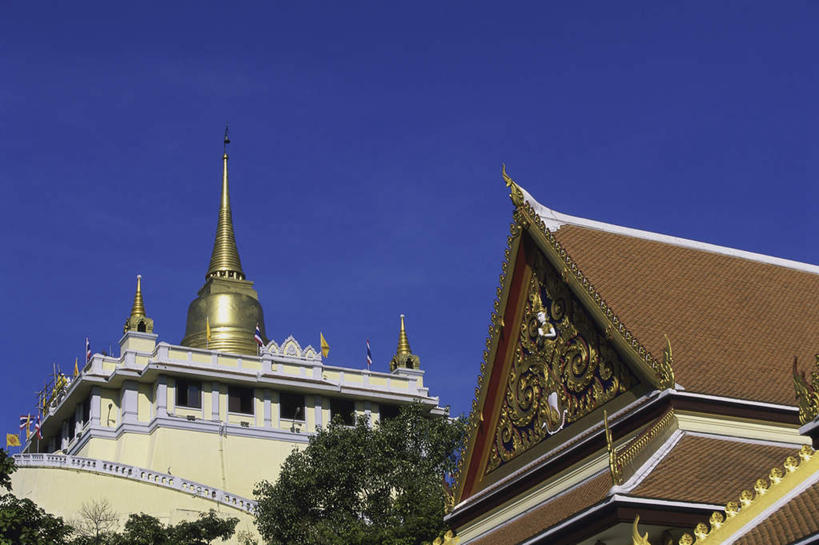无人,寺庙,横图,室外,白天,仰视,旅游,度假,植物,标志建筑,地标,建筑,曼谷,泰国,亚洲,阴影,节日,光线,瓦片,影子,墙,屋顶,塔,首都,顶棚,瓦,文化,娱乐,建设,宝塔,墙壁,墙面,树,树木,蓝色,绿色,蓝天,天空,阳光,自然,庙宇,天,祈祷,享受,休闲,健康,金色,旅游胜地,放松,许愿,宗教,建造,东南亚,佛教,信仰,生长,晴朗,成长,纪念,祈求,富贵,忠诚,屋瓦,万里无云,泰王国,富丽,释教,名誉,荣华,金山寺,浮图,浮屠,平安,晴空,晴空万里,彩图,低角度拍摄,庙,寺