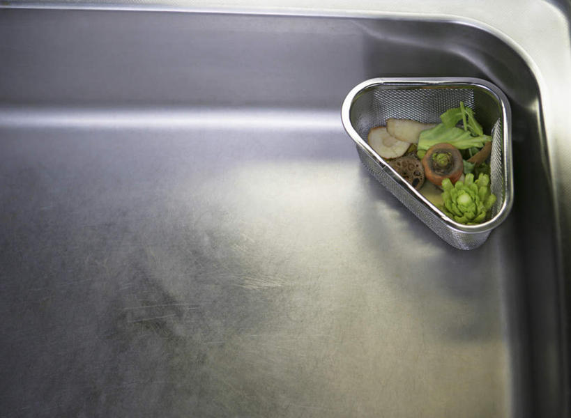 无人,横图,俯视,室内,特写,白天,厨房,蔬菜,叶子,金属制品,新鲜,金属,水槽,食品,绿叶,垃圾,水斗,食物,嫩叶,有机食品,绿色食品,渣滓,叶,叶片,彩图,高角度拍摄,灶间