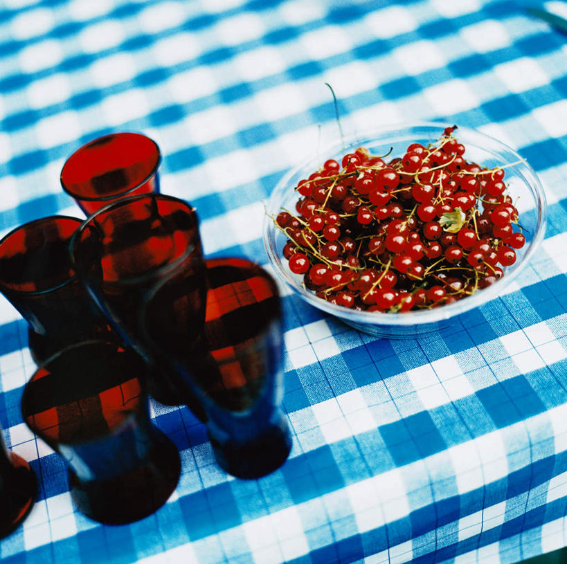 无人,方图,俯视,室内,白天,餐桌,桌子,浆果,杯子,餐具,布料,碟子,格纹,盘,灯笼果,布纹,玻璃制品,桌布,一个,蓝色,白色,盘子,餐巾,水杯,碟,台布,单个,餐台,红醋栗,玻璃杯,进餐用具,烹调用具,醋栗,彩图,高角度拍摄