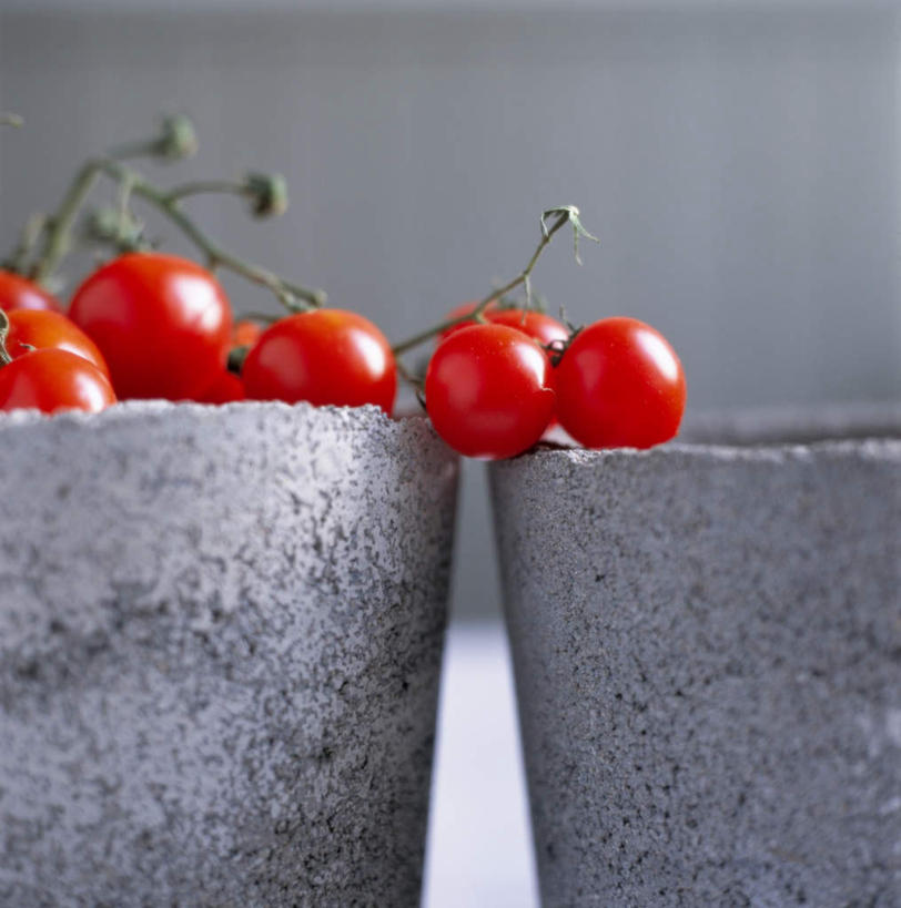 无人,竖图,室外,特写,白天,正面,蔬菜,西红柿,金属制品,一排,阴影,新鲜,整齐,光线,金属,铁桶,桶,影子,墙,石凳,食品,墙壁,墙面,食物,排列,两个,阳光,容器,有机食品,绿色食品,储藏,储存,队列,番茄,彩图,贮存