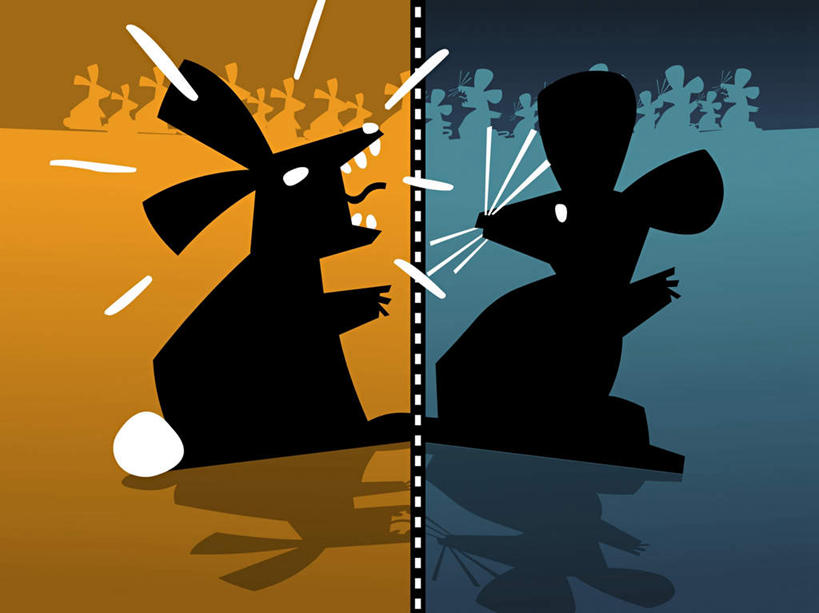 无人,站,横图,插画,室内,白天,正面,数码,科技,哺乳动物,野生动物,老鼠,阴影,网络,细菌,兔子,高光,几何,计算机图形,合成,图画,注视,文化,传统,十二生肖,画,黄色,蓝色,黑色,动物,观察,看,站着,张嘴,两只,属相,生肖,观看,兔,电脑合成图,数码合成图,察看,合成图,关注,漫画,张大嘴巴,病菌,写实,具体,具象,传染,四害,兽历,张开嘴,耗子,站立,彩图,全身