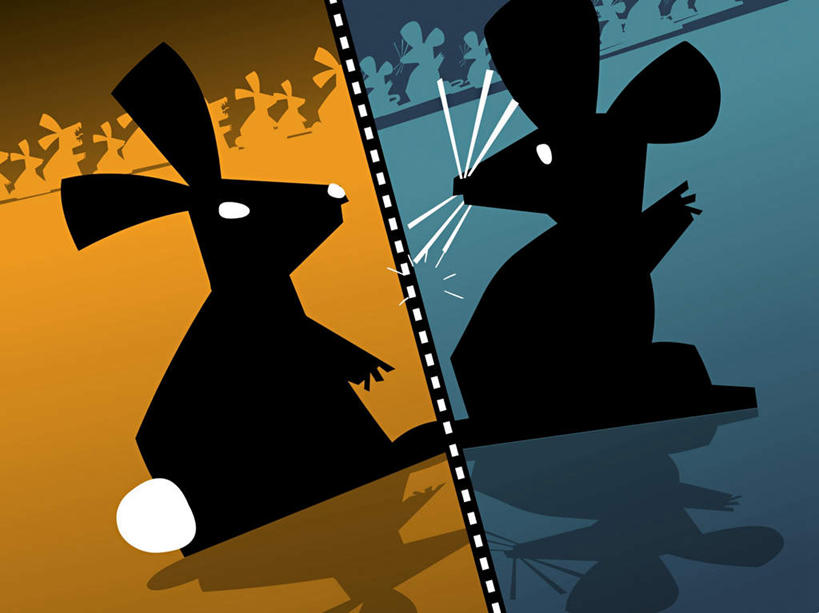 无人,站,横图,插画,室内,白天,正面,数码,科技,哺乳动物,野生动物,老鼠,阴影,网络,细菌,兔子,高光,几何,计算机图形,合成,图画,注视,文化,传统,十二生肖,画,黄色,蓝色,黑色,动物,观察,看,站着,两只,属相,生肖,观看,兔,电脑合成图,数码合成图,察看,合成图,关注,漫画,病菌,写实,具体,具象,传染,四害,兽历,耗子,站立,彩图,全身