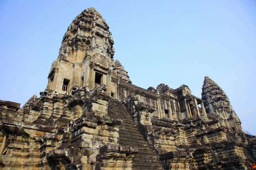 无人,横图,室外,白天,旅游,建筑,柬埔寨,亚洲,宏伟,废墟,蓝色,风景,天空,地标建筑,美女,摄影,世界自然遗产,万里无云,巴扬寺,古代文明,大吴哥城,吴哥,彩图,旅行,柬埔寨文化