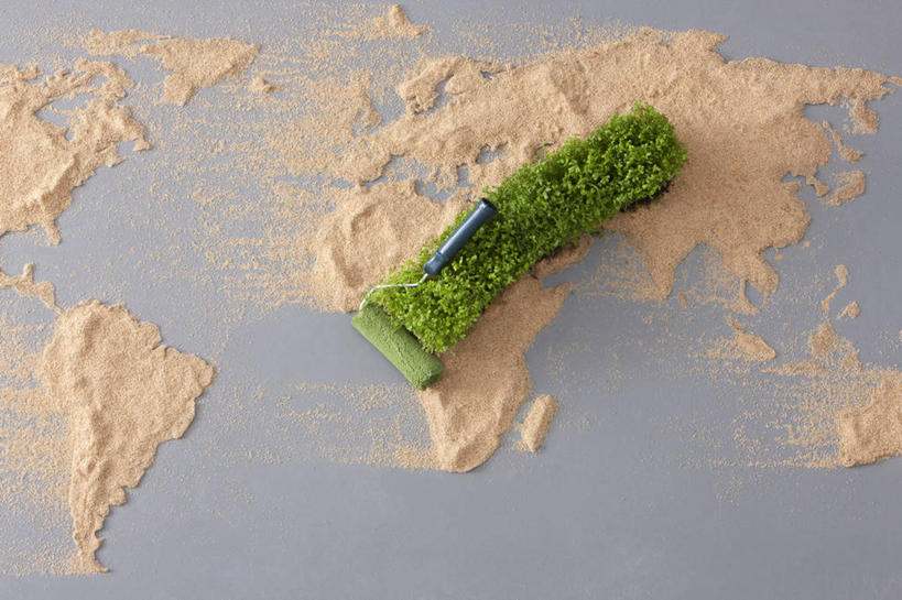 无人,横图,俯视,留白,沙漠,静物,地图,种植,灰色背景,环保,花坛,沙子,世界地图,园艺,草,绿色,自然,概念,摄影,能源,环境,回收,资源,创造力,修复,改变,利用,低碳,循环,环境保护,沙画,滚刷,持续,想法,自然地理,彩图,高角度拍摄,影棚拍摄,地图学,测绘学