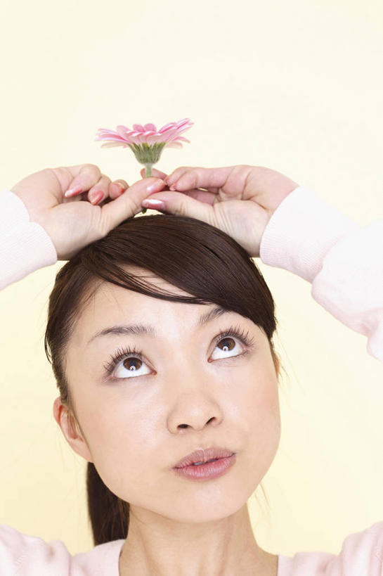 东方人,室内,白色背景,植物,花瓣,生活方式,肖像,女人,亚洲人,年轻人,彩图,影棚拍摄