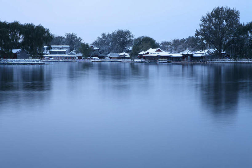 无人,横图,湖,雪,北京,中国,冰,冬天,什刹海,风景,地标建筑,安静,寒冷,摄影,早晨,东亚,彩图
