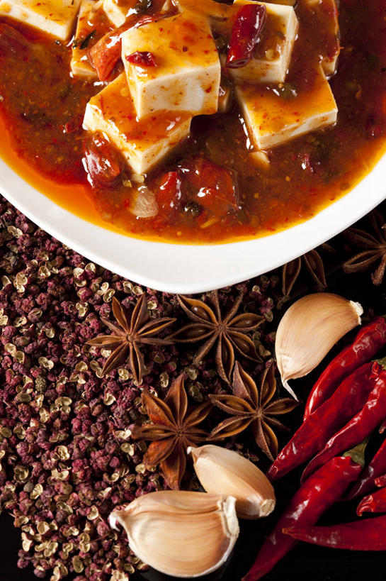 豆腐,无人,竖图,俯视,特写,辣椒,静物,中国,亚洲,黑色背景,美味,食品,传统,麻婆豆腐,饮食,盘子,摄影,膳食,中国文化,东亚,主菜,四川菜,大蒜,彩图,高角度拍摄,传统文化,麻椒,成分