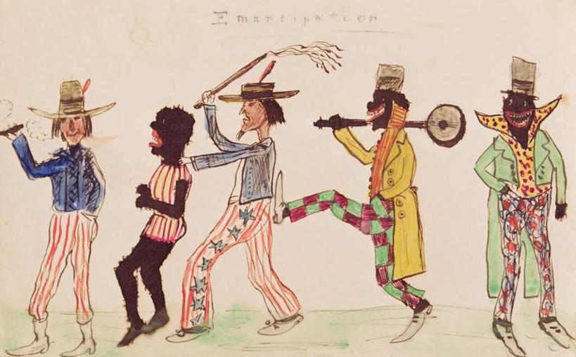 西方人,无人,走,笑,微笑,露齿笑,横图,室内,白天,白色背景,正面,绘画,帽子,油画,欧洲,非洲,黑人,欧洲人,五个人,一排,握,服装,艺术,整齐,标志,文字,字符,字母,乐器,弦乐器,许多人,古典,拿,拿着,礼帽,文化,标识,排列,骑,衣服,工艺品,扛,品味,一群人,握着,服饰,美术,高雅,衣着,穿着,队列,弹拨弦鸣乐器,美学,衣饰,班卓琴,扛在肩上,骑在肩上,男人,男性,中年男性,非洲人,步行,散步,走路,彩图,全身,传统服装,弹拨弦乐器