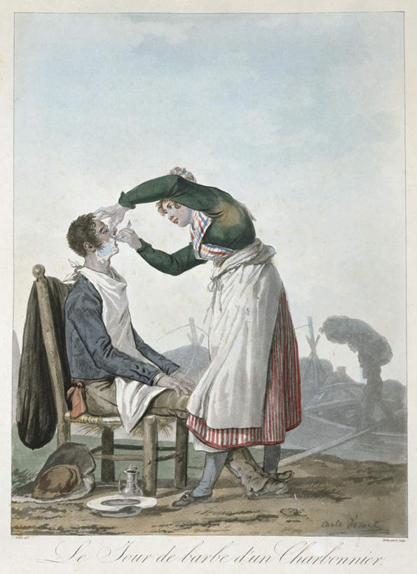 西方人,无人,两个人,理发师,站,坐,竖图,室内,白天,侧面,绘画,草地,草坪,植物,餐具,椅子,油画,欧洲,欧洲人,握,服装,艺术,英文,标志,碟子,壶,盘,泡沫,文字,字符,字母,古典,注视,休闲装,文化,标识,顾客,水壶,草,衣服,蓝色,绿色,蓝天,天空,盘子,茶壶,容器,工艺品,碟,天,观察,看,品味,站着,休闲,休闲服,握着,服饰,晴朗,观看,修理,英文字母,刮,美术,察看,高雅,关注,万里无云,美学,主顾,男人,男性,女人,女性,中年男性,中年女性,白种人,晴空,晴空万里,发型师,理发员,美发师,站立,坐着,彩图,全身