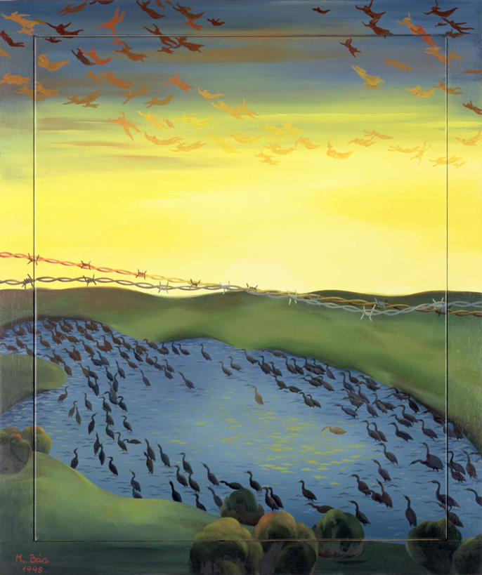 无人,竖图,室内,白天,正面,绘画,草地,草坪,河流,日落,水,植物,鸟,油画,一群,许多,飞翔,伸展,张开,展翅,艺术,飞行,翅膀,鸟类,河水,水流,晚霞,霞光,落日,铁丝网,很多,翱翔,古典,注视,文化,飞,草,绿色,黄昏,工艺品,观察,看,品味,彩霞,观看,美术,察看,高雅,关注,张开翅膀,金丝雀,美学,雀,白燕,白玉鸟,芙蓉鸟,夕照,铁蒺藜,展开翅膀,夕阳,彩图,全身,斜阳