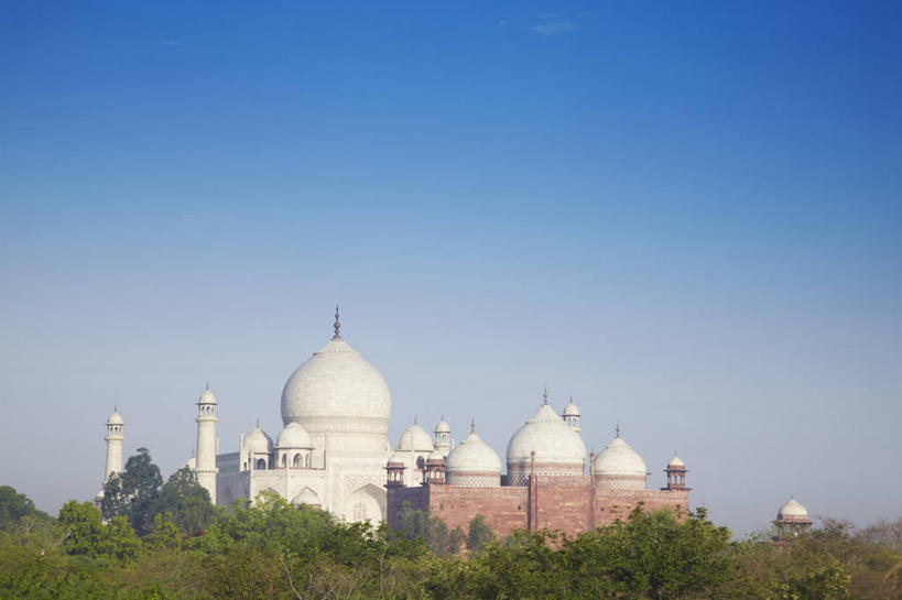 无人,横图,室外,白天,正面,旅游,度假,名胜古迹,植物,地标,泰姬陵,印度,亚洲,阴影,遗迹,装饰,光线,影子,古迹,文物,娱乐,古建筑,圆顶,树,树木,蓝色,绿色,蓝天,天空,阳光,自然,天,享受,休闲,墓地,旅游胜地,放松,生长,晴朗,成长,华丽,修饰,点缀,坟墓,陵墓,南亚,坟场,古文明,世界文化遗产,万里无云,泰姬.马哈尔陵,伊斯兰建筑,泰姬玛哈,世界七大奇迹,衬托,美观,雅致,雅观,泰吉.玛哈尔陵,晴空,晴空万里,彩图,标志性建筑
