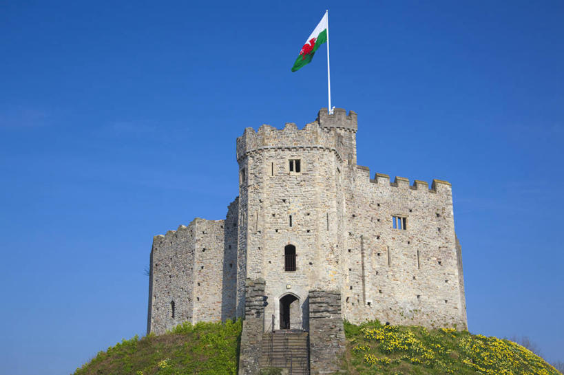 无人,栏杆,横图,室外,白天,仰视,旅游,度假,草地,草坪,名胜古迹,山,山脉,植物,楼梯,标志建筑,地标,建筑,旗帜,英国,欧洲,阴影,遗迹,飘扬,光线,扶手,旗杆,影子,堡垒,城堡,阶梯,山峰,山峦,古迹,文物,娱乐,建设,古建筑,护栏,台阶,草,蓝色,绿色,蓝天,天空,阳光,群山,天,享受,休闲,旅游胜地,放松,晴朗,西欧,要塞,大不列颠,威尔士,古文明,大不列颠及北爱尔兰联合王国,万里无云,首府,浮荡,大不列颠联合王国,日不落英帝国,漂荡,飘零,威尔士公国,设防,加的夫,加的夫城堡,晴空,晴空万里,彩图,低角度拍摄,飘荡