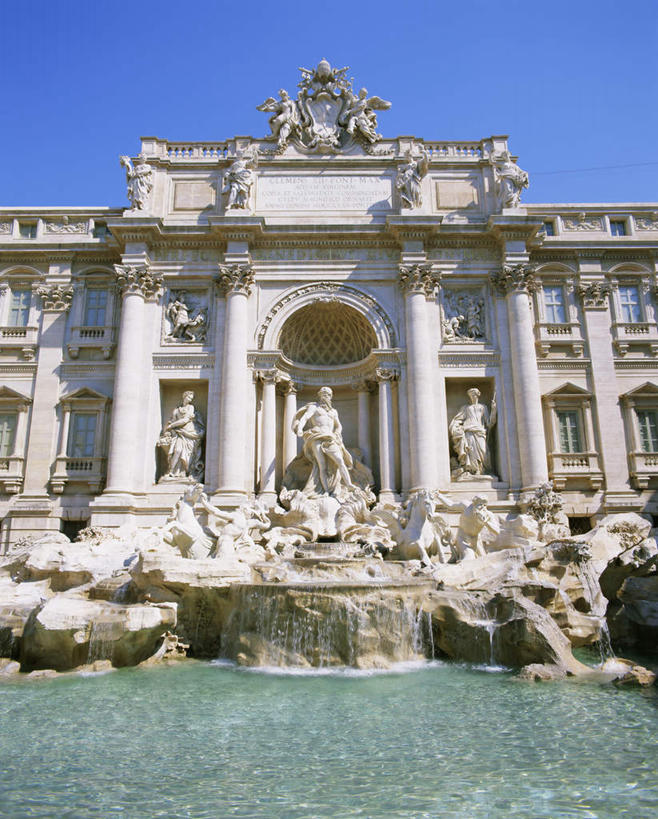 无人,家,竖图,室外,白天,仰视,旅游,度假,石头,标志建筑,地标,建筑,喷泉,雕塑,意大利,欧洲,罗马,阴影,艺术,装饰,光线,雕刻,雕像,石子,影子,房屋,屋子,景观,首都,文化,娱乐,建设,楼房,住宅,蓝色,蓝天,天空,工艺品,天,品味,享受,休闲,旅游胜地,放松,晴朗,纪念,华丽,修饰,美术,点缀,南欧,主题,水景,陈列,万里无云,意大利共和国,许愿池,特莱维喷泉,少女喷泉,许愿泉,功能,美学,衬托,美观,雅致,雅观,设计,石块,岩石,晴空,晴空万里,彩图,低角度拍摄,房子