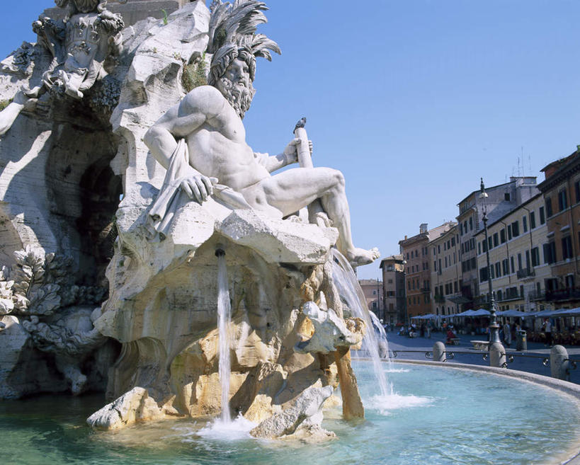 无人,家,横图,室外,白天,仰视,旅游,度假,石头,标志建筑,地标,建筑,路灯,喷泉,照明,雕塑,意大利,欧洲,罗马,阴影,艺术,装饰,光线,雕刻,雕像,石子,影子,房屋,屋子,景观,灯光,首都,文化,娱乐,建设,楼房,住宅,灯,蓝色,蓝天,天空,工艺品,天,品味,享受,休闲,旅游胜地,放松,晴朗,纪念,华丽,修饰,照亮,美术,点缀,照明设备,南欧,主题,水景,陈列,万里无云,意大利共和国,纳沃纳广场,功能,美学,衬托,美观,雅致,雅观,四河喷泉,设计,石块,岩石,晴空,晴空万里,彩图,低角度拍摄,房子