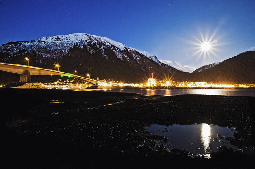 无人,横图,室外,夜晚,海洋,山,山脉,城市,美国,月亮,冬天,满月,寒冷,摄影,退潮,雪崩,市区,朱诺,潮汐,彩图