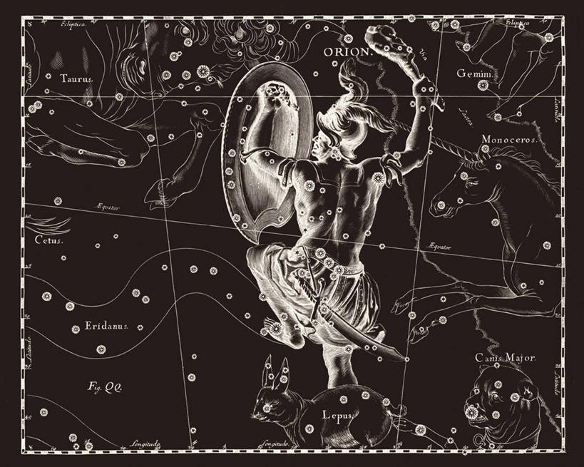 无人,横图,黑白,地图,科学,星星,摄影,星座,手艺,天文学,拉丁文,猎户座大星云,雕刻术