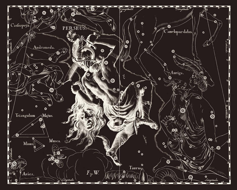 无人,横图,黑白,地图,科学,星星,摄影,星座,手艺,天文学,拉丁文,珀尔修斯,雕刻术